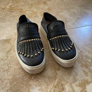 BCBGMaxAzria Black and Gold Studded Loafers